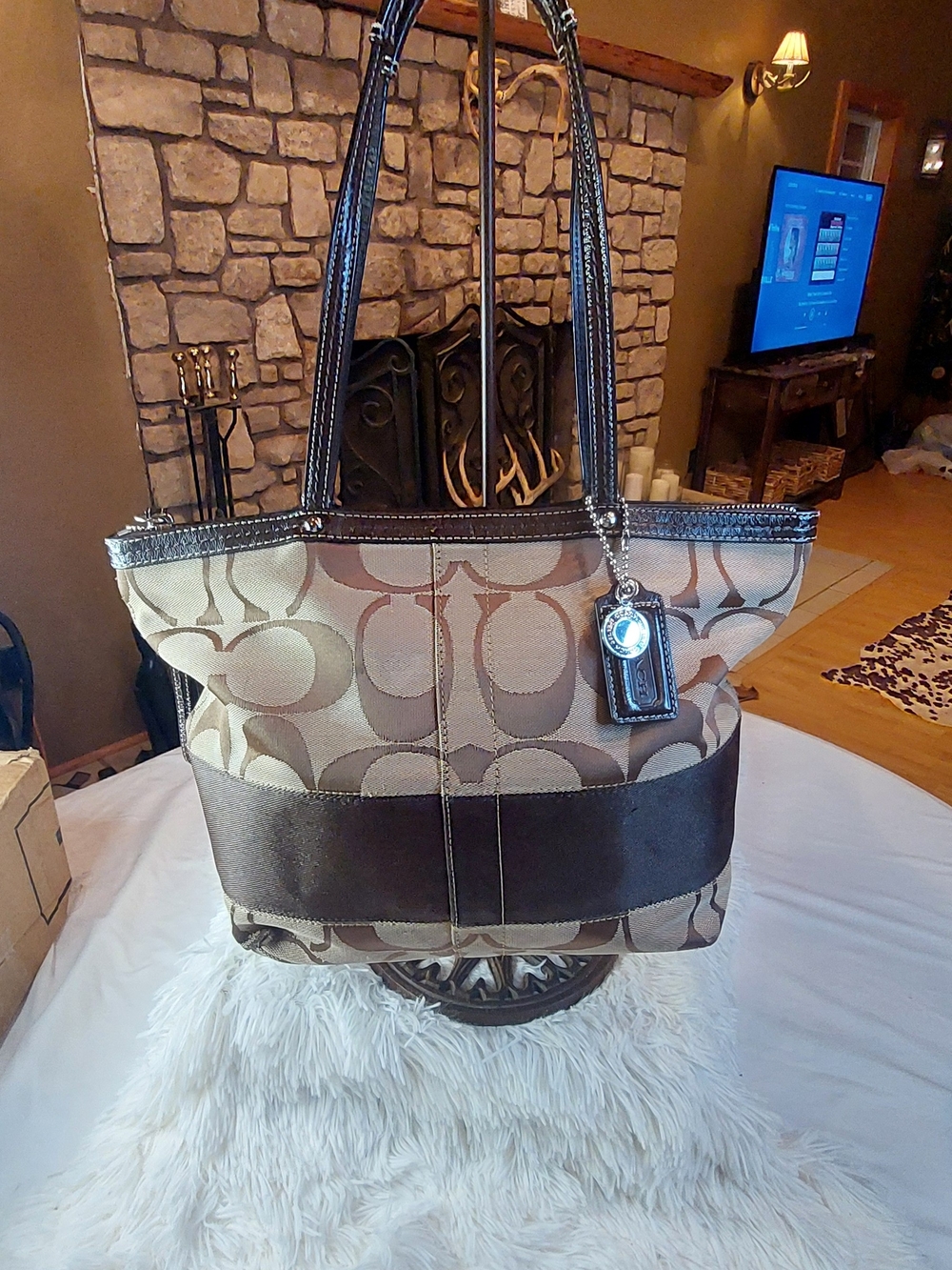 Coach Signature Stripe Zip Top Tote Bag F13548 - Pristine Lining 2009